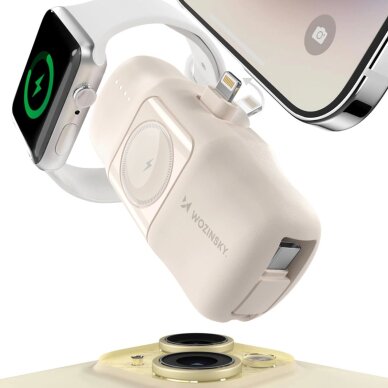 Išorinė baterija Wozinsky WF16-YLS 5000mAh 15W Lightning Mini su integruotu USB-C laidu ir Apple Watch įkrovikliu – smėlinė 2 Išorinė baterija Wozinsky WF16-YLS 5000mAh 15W Lightning Mini su integruotu USB-C laidu ir Apple Watch įkrovikliu – smėlinė 2