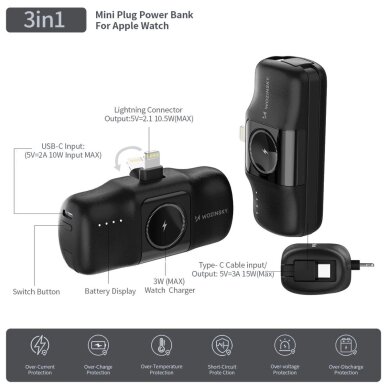 Išorinė baterija Wozinsky WF16-YLS 5000mAh 15W Lightning Mini su integruotu USB-C laidu ir Apple Watch įkrovikliu – juoda 10