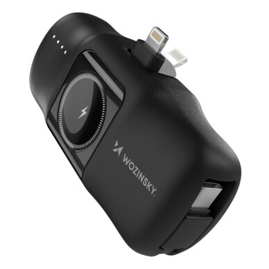 Išorinė baterija Wozinsky WF16-YLS 5000mAh 15W Lightning Mini su integruotu USB-C laidu ir Apple Watch įkrovikliu – juoda Išorinė baterija Wozinsky WF16-YLS 5000mAh 15W Lightning Mini su integruotu USB-C laidu ir Apple Watch įkrovikliu – juoda