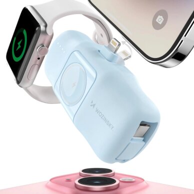 Išorinė baterija Wozinsky WF16-YLS 5000mAh 15W Lightning Mini su integruotu USB-C laidu ir Apple Watch įkrovikliu – mėlyna 2