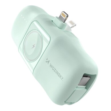 Išorinė baterija Wozinsky WF16-YLS 5000mAh 15W Lightning Mini su integruotu USB-C laidu ir Apple Watch įkrovikliu – žalia Išorinė baterija Wozinsky WF16-YLS 5000mAh 15W Lightning Mini su integruotu USB-C laidu ir Apple Watch įkrovikliu – žalia