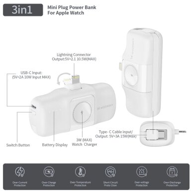 Išorinė baterija Wozinsky WF16-YLS 5000mAh 15W Lightning Mini su integruotu USB-C laidu ir Apple Watch įkrovikliu – balta 10