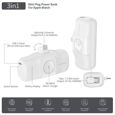 Išorinė baterija Wozinsky WF16-YLS 5000mAh 15W Lightning Mini su integruotu USB-C laidu ir Apple Watch įkrovikliu – balta 11 Išorinė baterija Wozinsky WF16-YLS 5000mAh 15W Lightning Mini su integruotu USB-C laidu ir Apple Watch įkrovikliu – balta 11