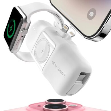 Išorinė baterija Wozinsky WF16-YLS 5000mAh 15W Lightning Mini su integruotu USB-C laidu ir Apple Watch įkrovikliu – balta 4 Išorinė baterija Wozinsky WF16-YLS 5000mAh 15W Lightning Mini su integruotu USB-C laidu ir Apple Watch įkrovikliu – balta 4