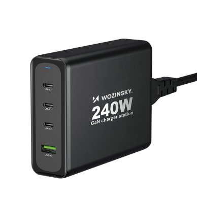 Sieninis įkroviklis Wozinsky WGCSB 240W GaN USB-A / 3x USB-C – juodas Sieninis įkroviklis Wozinsky WGCSB 240W GaN USB-A / 3x USB-C – juodas