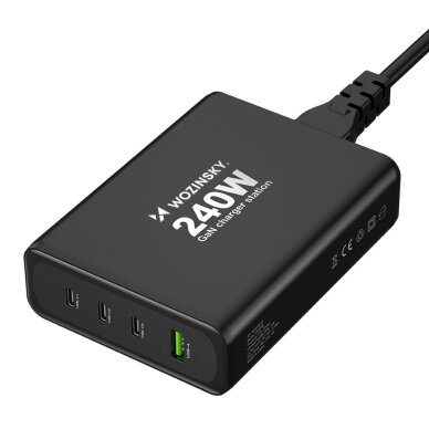 Sieninis įkroviklis Wozinsky WGCSB 240W GaN USB-A / 3x USB-C – juodas 1 Sieninis įkroviklis Wozinsky WGCSB 240W GaN USB-A / 3x USB-C – juodas 1