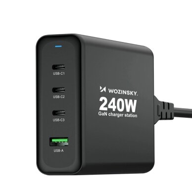 Sieninis įkroviklis Wozinsky WGCSB 240W GaN USB-A / 3x USB-C – juodas 2