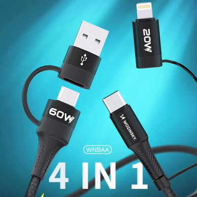 Wozinsky WNBAA 4in1 Kabelis 2x USB-C 1x USB-A 1x Lightning 60W 1 m - Juodas 4 Wozinsky WNBAA 4in1 Kabelis 2x USB-C 1x USB-A 1x Lightning 60W 1 m - Juodas 4