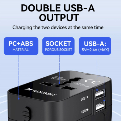 Wozinsky WUTWC Universalus kelioninis adapteris 24W EU / US / AUS / UK / 2x USB-A – juodas 7