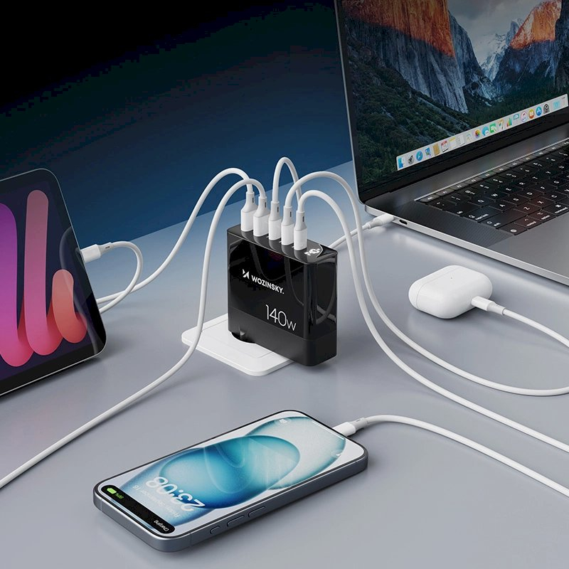 Wozinsky CGWCB 140W GaN wall Įkroviklis 3 x USB-C / 2 x USB-A - Juodas 9 Wozinsky CGWCB 140W GaN wall Įkroviklis 3 x USB-C / 2 x USB-A - Juodas 9