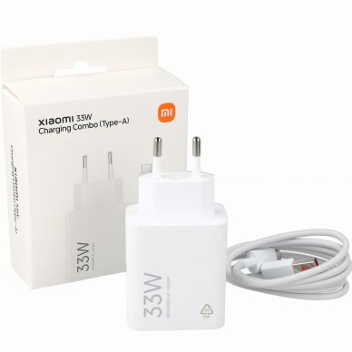 Sieninis įkroviklis Xiaomi MDY-16-EF 1x USB-A 33W su 3A USB-C laidu – baltas Sieninis įkroviklis Xiaomi MDY-16-EF 1x USB-A 33W su 3A USB-C laidu – baltas