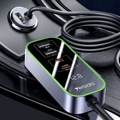 [Užsakomoji prekė] Yesido - Car Charger (Y53) - Ports Extensions, 3x USB, 2x Type-C, QC3.0, 97W, Ambiental Light - Juodas 1