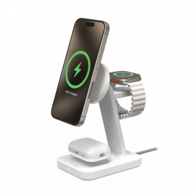 ZAGG Mophie Snap+ 3-in-1 Qi2 belaidžio įkrovimo stovas, skirtas trims įrenginiams, suderinamas su MagSafe / Qi2 – baltas 1